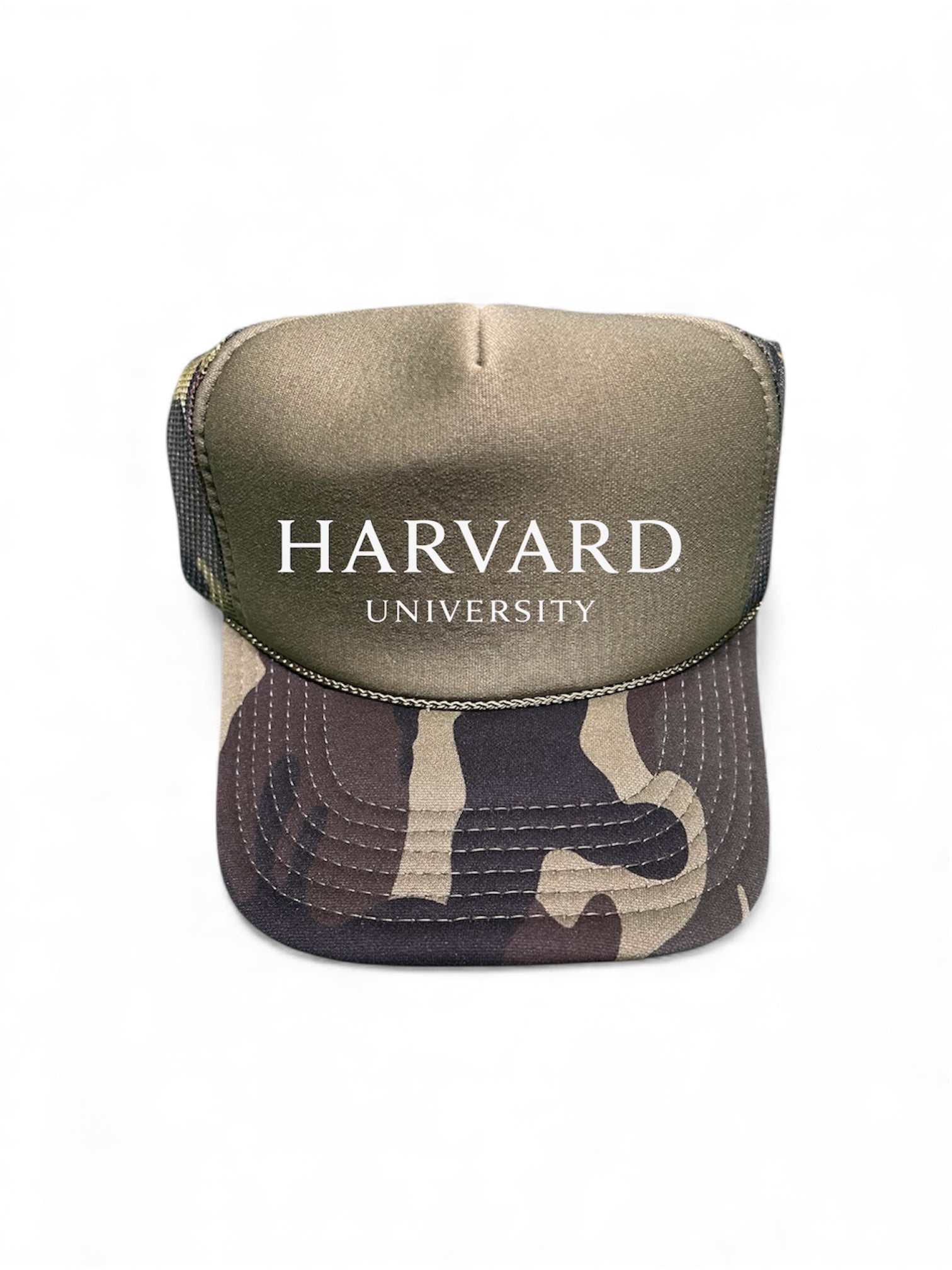 Trucker Hat Camo Green Front - Harvard University